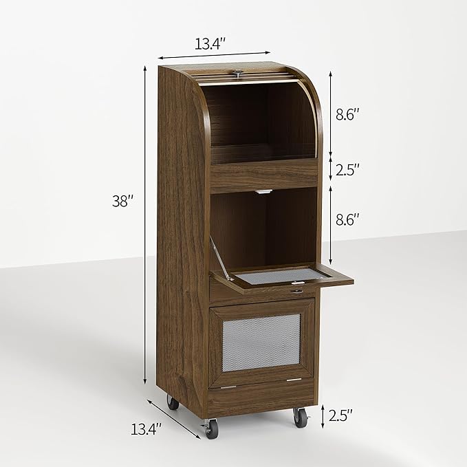 Potato Storage Bin Movable Bread Box with Lid Rustic and Wheels Onion Organizer with Grocery Section Decorative Vegetable Organization Cabinet for Kitchen (Walnut)