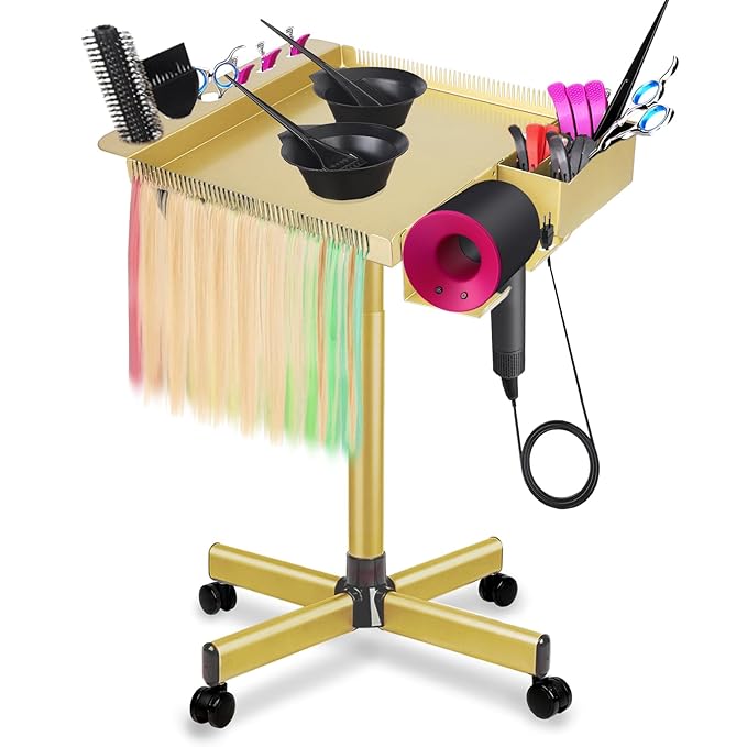 Multi-Function Salon Tray,Extension Hair Cart,Hairstylist Rolling Cart with Storage Platform and Hair Separator Stand,Gold