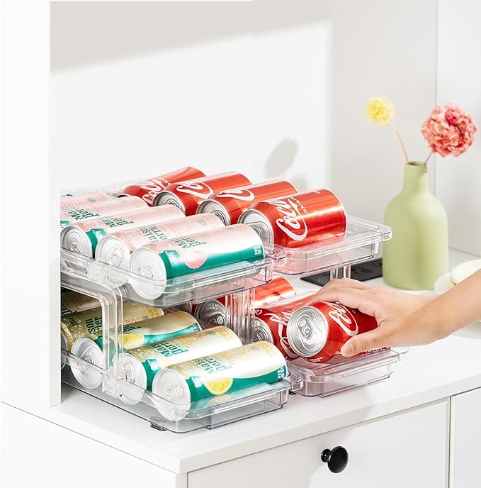 VUSIGN Expandable Soda Can Organizer 2 Pack, Adjustable Width Can Dispenser for Refrigerator 6.1''-9.38'' W, Drink Organizer for Fridge, Can Holder for Standard and Tall Can, Clear