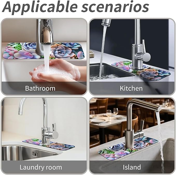 Kitchen Sink Splash Guard，Colorful plants succulents Faucet Mat Sink Gadgets-Super Absorbent Fast Drying Mat Drip Catcher for Kitchen, Bathroom,Sink Mat, Dish Drying Mat, Bathroom(15" X 5.5" )