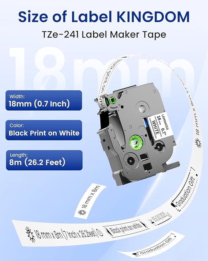 18mm 0.7 Laminated White Tape TZe-241 Compatible with Brother PTouch TZ Tape Black on White 3/4 Inch x 26.2 Feet Refills for PT-D410 PT-D400 PT-D610BT PTD600, 5-Pack TZe241