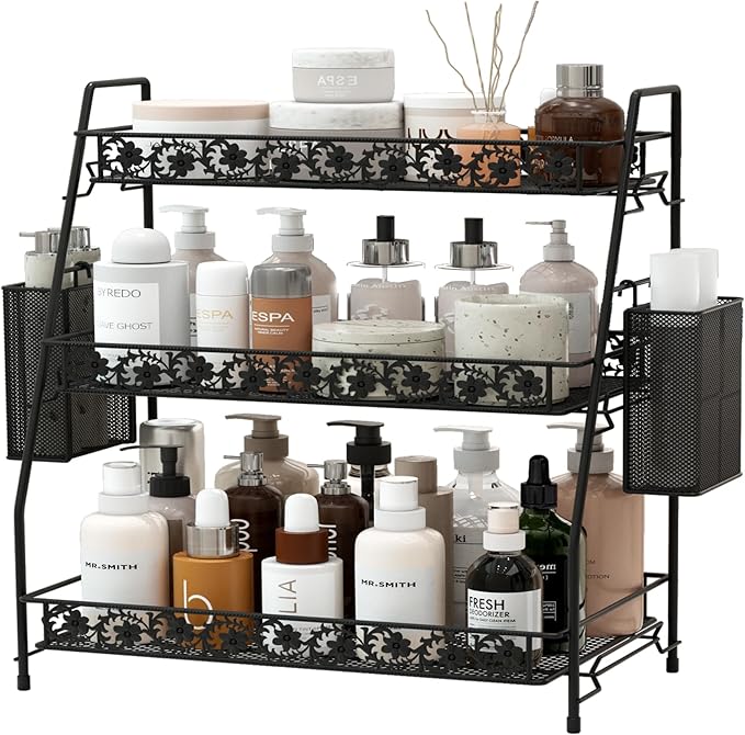 IBEDMAZIE 3-Tier Large Size Storage Rack,Counter Organiztion for Bathroom Countertop Organizer Shelf for Spice Racks for Kitchen/Sink/Bedroom/Living room/Office/Plant Rack with Two Metal Baskets