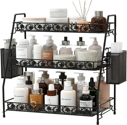 IBEDMAZIE 3-Tier Large Size Storage Rack,Counter Organiztion for Bathroom Countertop Organizer Shelf for Spice Racks for Kitchen/Sink/Bedroom/Living room/Office/Plant Rack with Two Metal Baskets
