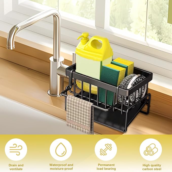 kitchen sink caddy, dish sink sponge holder (With rod-black)