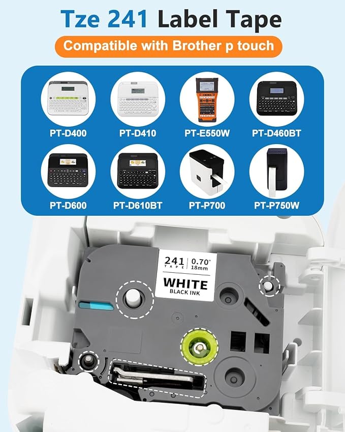 5-Pack TZe-241 Label Tape 18mm 0.7 Laminated White Compatible for Brother P Touch Label Maker Tape TZe241 TZ-241 TZe-241 3/4 Inch for Ptouch PTD400 PT-D460t PT-D410 PT-D600 PT-D610bt Label Maker