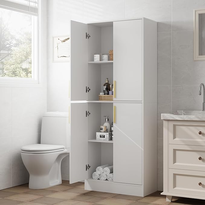 71" Tall Pantry Cabinet with 4 Doors, Kitchen Pantry Storage Cabinet, Freestanding Larder Cupboard, Kitchen Hutch with Gold Handles for Dining Room, Bathroom, White