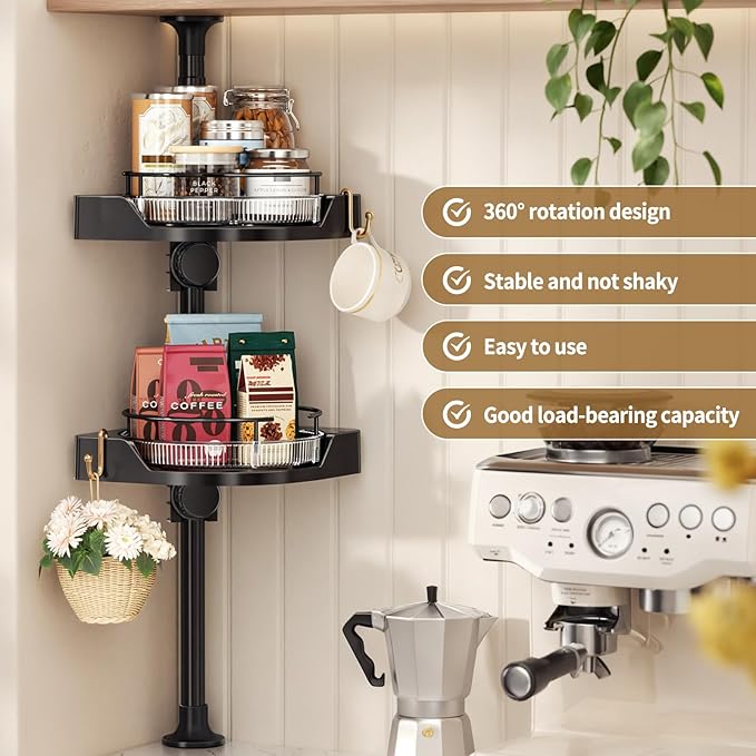 Kitchen Tension Pole Caddy, 19-39 Inch Adjustable No Drilling Countertop Organizer, 2 Tier 360 Rotating Corner Spice Rack for Salt with 2 Hooks for Kitchen, Spice Rack, Coffee Area(Black)