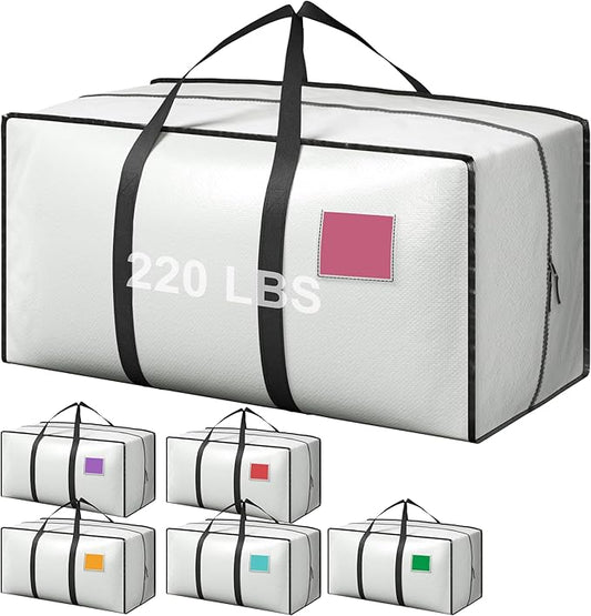 6 Pack Extra Heavy Duty Large Moving Bags with Reinforced Zipper & Wide Handles, Waterproof Storage Bins for Clothes, College Dorm, Travel, and Home Organization, White
