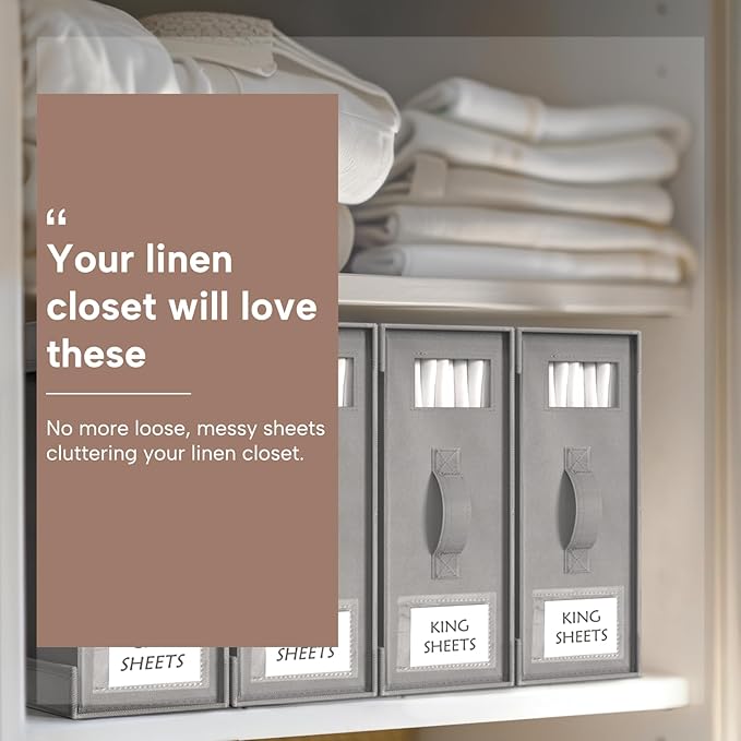 Criusia Bed Sheet Organizers and Storage, 4 Pack Foldable Linen Closet Organizers – Bedding Holder for Sheet Set (King/Queen Sizes), Duvet Covers, Blankets (Grey)