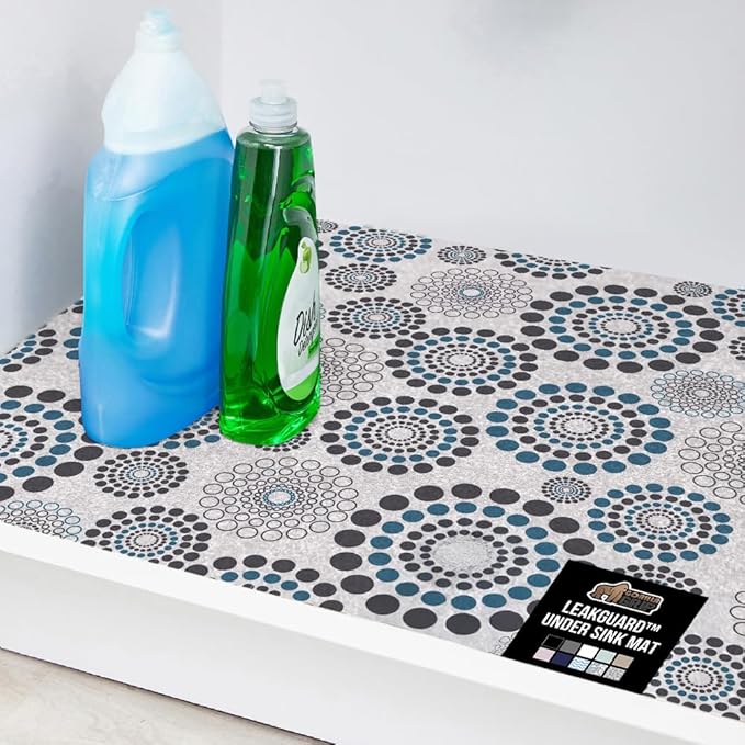 GORILLA GRIP LeakGuard Non-Adhesive Under Sink Mat for Kitchen Cabinet, 24x60, Waterproof Quick Dry Shelf Liner, Durable Absorbent Felt Mats for Bathroom Sink, Cabinets, Dresser, Spiral Gray Turquoise