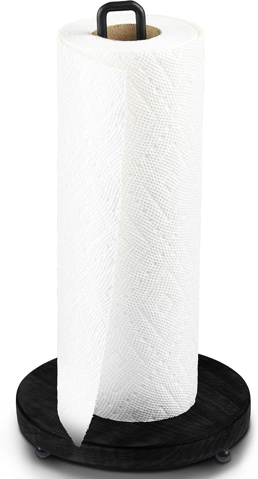Tribello Modern Farmhouse Paper Towel Holders for Kitchen, Vintage Wire and Wood Countertop Paper Towel Holder - Black Edition