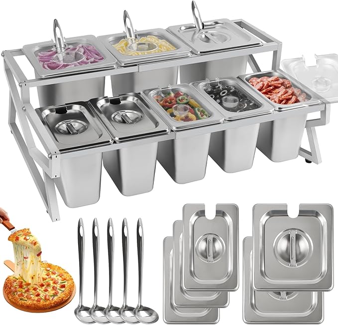 Lanstics Pizza Topping Station 8 Pans Pizza Storage Container Topping containers with Lids Spoon Condiment Organizers Buffet Containers Set for Restaurant Pizza Sauce Jam Fruit Ingredient