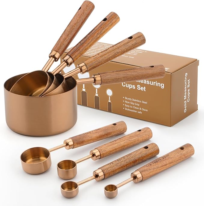 SHIKORI Gold Measuring Cups and Spoons Set with Wood Handles, Premium Stainless Steel Measuring Spoons and Measuring Cups Set, For Cooking and Baking in the Kitchen (Bronze)