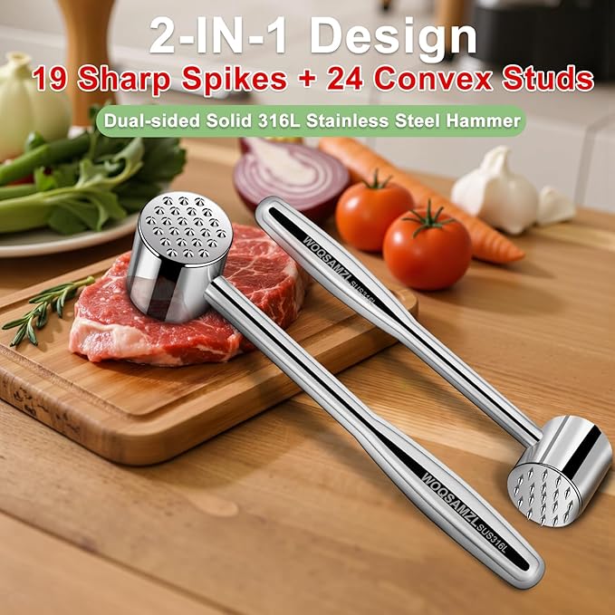 Real 316L Stainless Steel Meat Tenderizer Mallet Hammer,2-in-1 Professional Meat Tenderizer tool,Sharp Spikes for more Flavor,Commercial Grade Kitchen Mallet Pounder,Heavy Duty 1.09lb,Dishwasher Safe