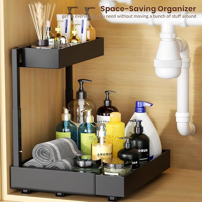 Under Sink Organizer Pull Out, 2 Tier Expandable Under Sink Storage for Kitchen & Bathroom, Adjustable Height (14.4"-18.5") Width (12.2"-20.5"), Heavy Duty 3-Slide Rail System, Black