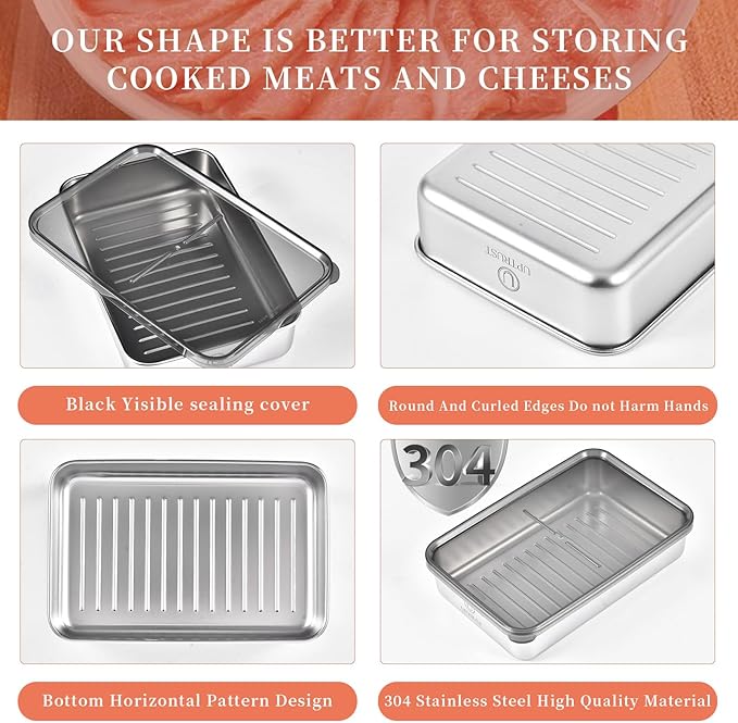 UPTRUST 6 Pack Bacon Cheese Container for Refrigerator, Stainless Steel Meat Container, Dishwasher Safe Storage Containers with Lids for Fridge, 4 Sizes
