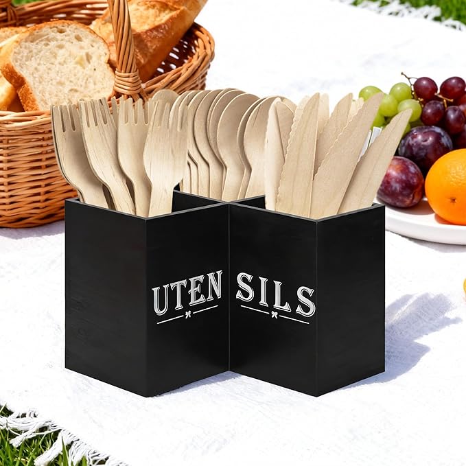 Top-spring Extra Large Utensil Holder for Kitchen Counter - Wooden Cooking Utensils Holder - Rustic Farmhouse Decor Kitchen Corner Utensil Organizer with 3 Compartment, Black Wood Utensil Caddy