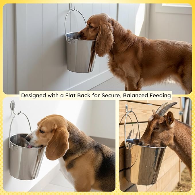 6 Quart Stainless Steel Flat Side Bucket | Durable Heavy Duty Food & Water Feeding Pails for Dog Cat Goat Sheep | Fits kennels Cages Critter Crates Hanging Pet Pail | Multipurpose Buckets