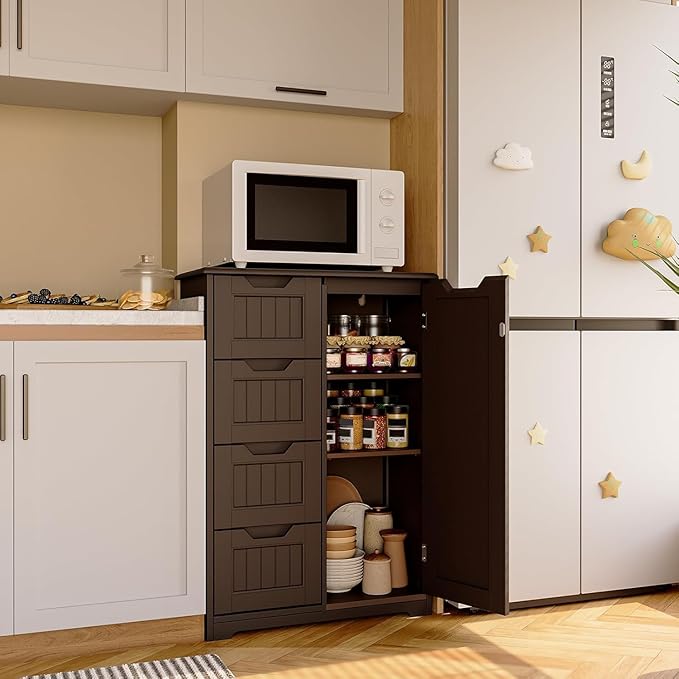 Gizoon Small Kitchen Pantry with Door and Shelves, 33'' Pantry Storage Cabinet Freestanding Wooden Bathroom Storage Cabinet with 4 Drawers for Kitchen and Dining Room, Dark Brown
