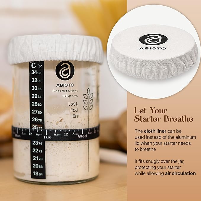Sourdough Starter Jar Kit, Includes 34 oz Sourdough Starter Jar with Metallic Lid, Silicone Spatula, Feeding Tracker, Extra Thermometer Strips & Breathable Covers – Sourdough Bread Starter Kit