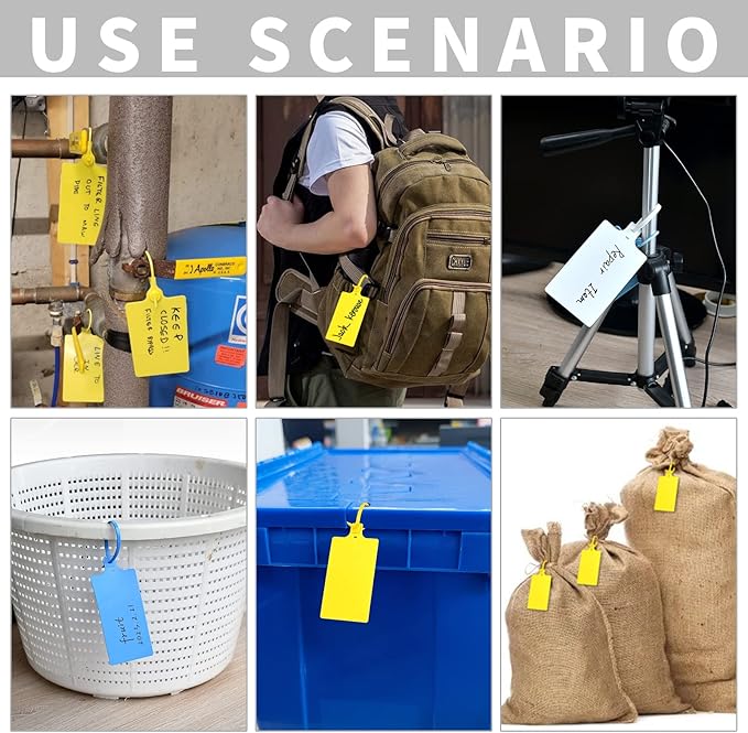100 Yellow Plastic Writable Shipping Tags - Large, Waterproof, Hanging Labels with One Permanent Marker Pen