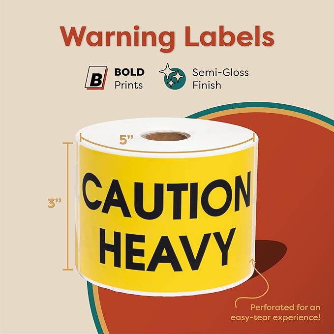Aegis Adhesives - 3" X 5" Caution Heavy Stickers for Shipping and Moving Boxes - Warning Labels with Permanent Adhesive (1 Roll, 500/Roll)
