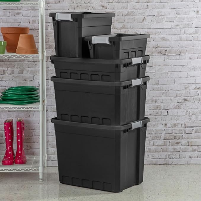 Sterilite 8-Pack Plastic Storage Bins with Lids, Stackable Containers, 27 Gallon, Black