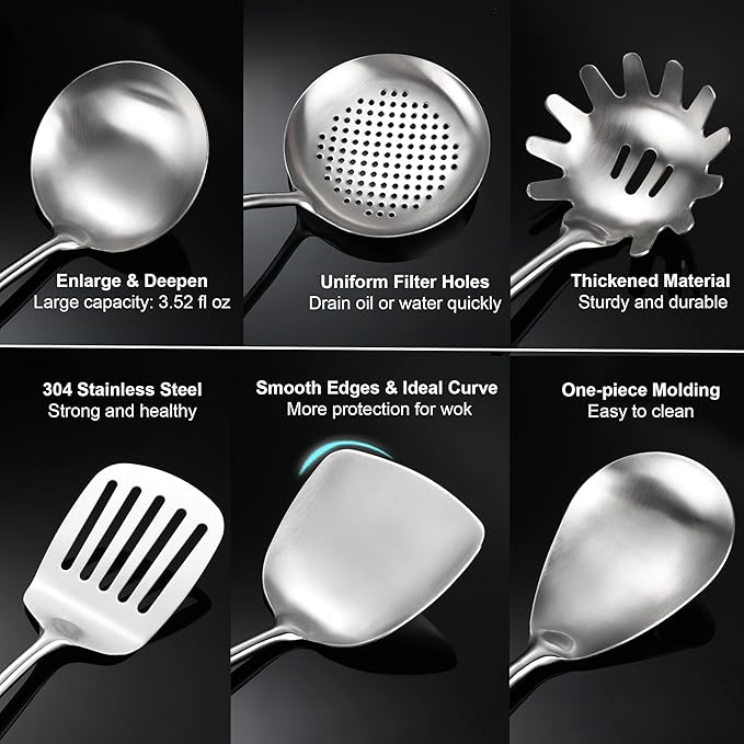 NIITAWH Stainless Steel Kitchen Utensils 12.5"-14" Wooden Handle Metal Cooking Utensils Set 9 PCS, Solid and Slotted Spoon, Fork, Spatula, Ladle, Skimmer, Slotted Tunner, Spaghetti Large Spoon