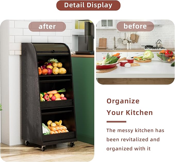 Movable Onion and Potato Storage Bin Box, Black Potato Bins with Wheels and Sliding Door, Farmhouse Fruit and Vegetable Basket Storage, Small Food Kitchen Pantry Cabinet, Wooden Bread Box, Flip-top