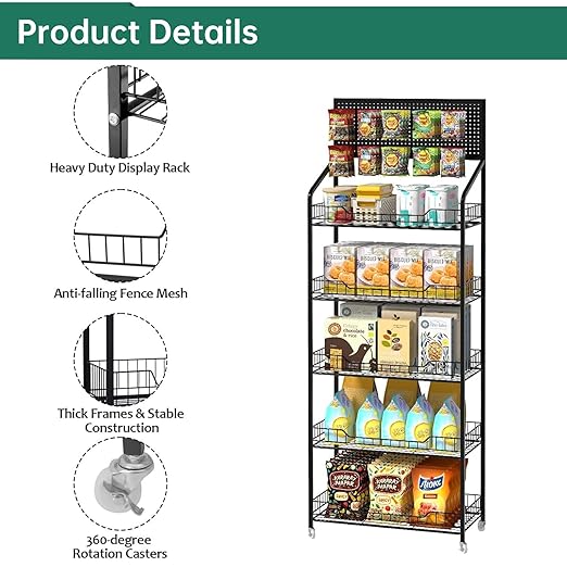 Retail Candy Snack Display Rack, 4-Tier White Metal Storage Shelf Brackets with Wheels & Hooks Multifunctional, Home Theater Concession Stand Snack Shelf Organizer for Pantry Kitchen, White