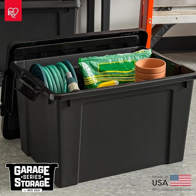 IRIS USA 20 Gallon Lockable Storage Bins with Lids, 6 Pack - Made in USA, Heavy Duty, Stackable Containers, Garage Organizing Bins Moving Tubs, Rugged Sturdy Equipment Utility Box - Black