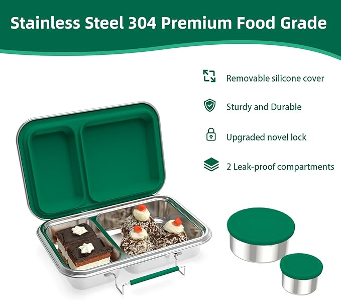 Stainless Steel Bento Box for Adults, 22.6 oz Leakproof 2-Compartments Stainless Steel Bento Containers, Metal Lunch Box with 2 Container, Dishwasher Safe, Design for Office,Outdoor, BPA-Free Green