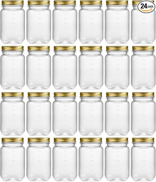 novelinks 16 oz Clear Plastic Jars with Lids, Refillable 16oz Mason Jars with Lids & Storage Containers for Kitchen & Household Use (24 Pack,Gold)