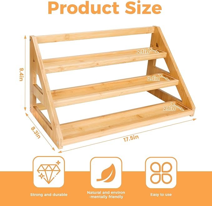 MNADSFKJ Spice Rack, Spice Organizer -3 Tier Bamboo Spice Racks, Solution for Spice Storage in Kitchens, Countertops，Storage Rooms and Other Places