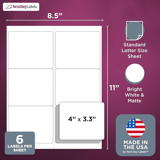 NextDayLabels – 4" x 3-1/3" Rectangular Sticker Labels for Printer - White Laser/Inkjet Printer Labels Return Address Labels Shipping Label Stickers (25 Sheets, 6 Per Sheet, 150 Labels)