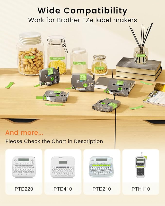 Tze-MQG35 Label Maker Tape Replacement for Brother P-Touch Label Tape White on Lime Green TZe Tz 12mm 0.47 Laminated Matte for Ptouch PT-D210 D220 D200 Refills, 12 mm(1 Inch) x 8m(26.2ft), 3 Pack