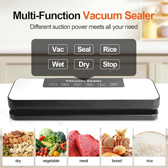 Vacuum Sealer Machine,4-in-1 Food Vacuum Savers Kit, 20s Fast Seal for Dry & Moist Food, LED Display, with 5 BPA-Free Reusable Vacuum Bags