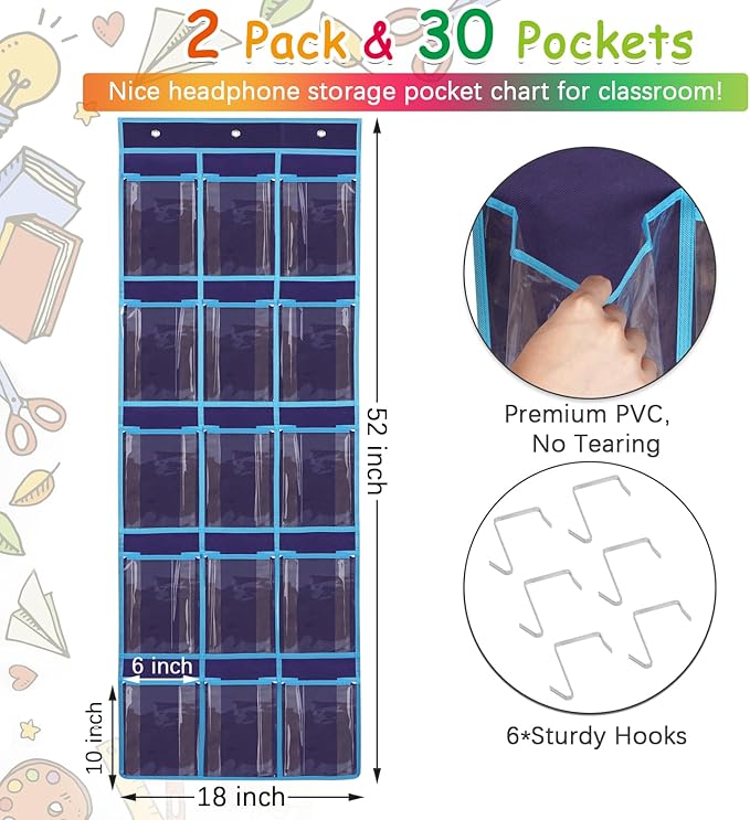 2 Pack Classroom Headphone Storage Organizer with 30 Pockets, PVC Clear Classroom Pocket Chart for Headphone Cell Phone Over-the-Door Hanging Headphone Holder Bag with 62 Labels(Blue)