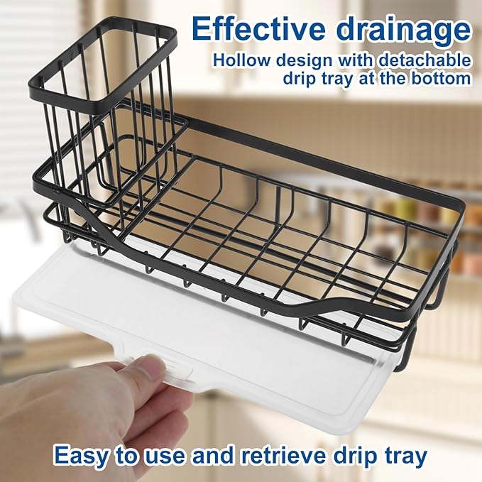 1PCS Sink Drain Rack Stainless Steel Sponge Holder Sink Organizer Rack Rustproof Kitchen Countertop Brush Sponge Holder with Detachable Drip Tray