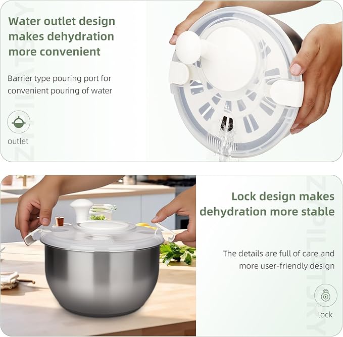 Zypilatsry 6L-Stainless Steel Salad Rotator, Vegetable Dishwasher,Lettuce Cleaner and Dryer, Kitchen Strainers.