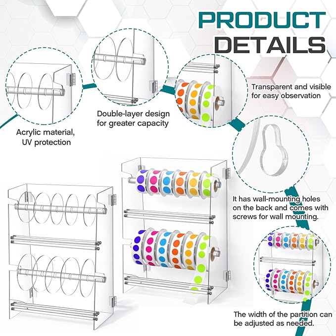 Day of The Week Sticker Dispenser 2.17" Square Acrylic Sticker Roll Holder Covered Label Dispenser Wall Mount 6 Slot Per Layer Holder for Office Desktop Stickers, Clear, 12 Slot Double Layer(No Label)