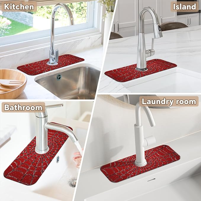 1 PC 15.4*5.7 Inch Absorbent Faucet Mat for Kitchen Sink Splash Guard Fast Drying Kitchen Faucet Mat for Bathroom Kitchen Spider Web