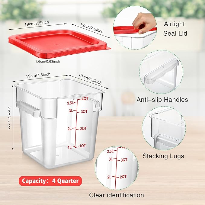 Suclain 2 Pcs Square Food Storage Container Polycarbonate Clear Food Container with Lid Commercial Rice Storage with Graduations for Commercial Kitchen(2 Qt,4 Qt,Red)