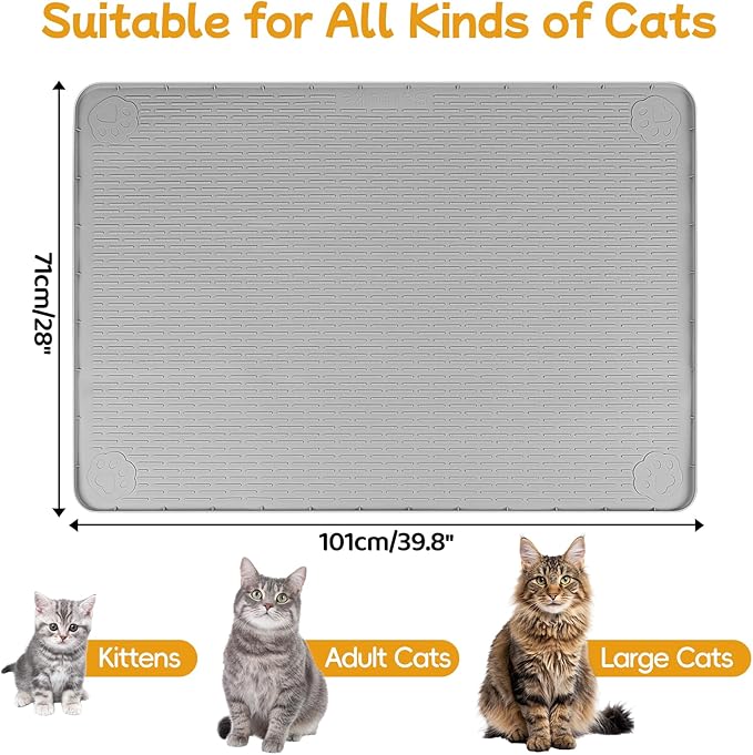 Lanstics Cat Food Mat, 40" x 28" Large Silicone Mat Cat Feeding Mat with Raised Edge Non-Slip Pet Feeding Mat for Food and Water Bowl, Easy to Clean, Floor Protection (Gray)