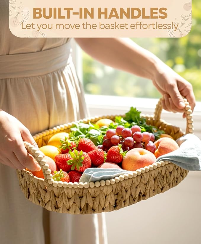 NAZOX Handwoven Water Hyacinth Storage Baskets for Toilet, Living Room, Nursery Organization - Natural Oval Set of 3 Versatile Nesting Baskets with Scalloped Edge Design & Handles