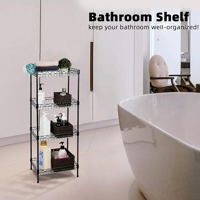 Storage Shelves, 4-Tier Wire Shelving Unit with Baskets Storage Rack Corner Shelf Shelving Adjustable Storage Shelf, 11.8" D x 15.7" W x 47" H, Black