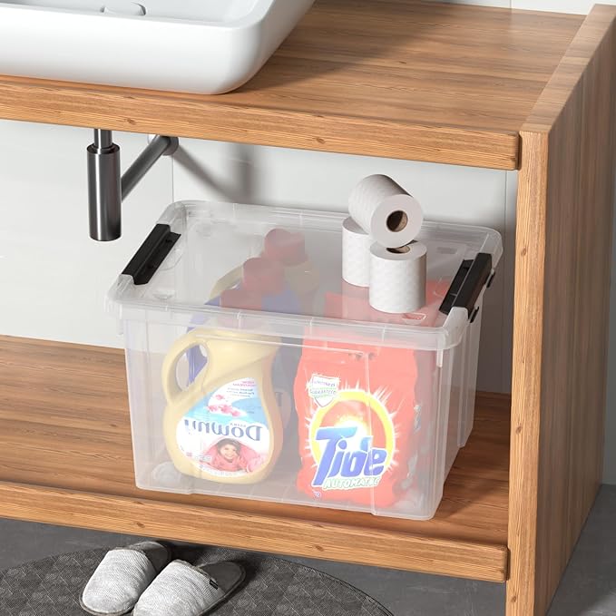 Sandmovie 40 Quart Clear Large Plastic Storage Bin, Latching Storage Box with Lids and Wheels, Pack of 4