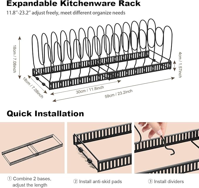 Housolution 2 Pack Pot and Pan Organizer Rack, 12"-23" Expandable Pot Lid Organizer with 14 Adjustable Dividers, Pan Holder Storage Rack for Kitchen Cabinet, Black