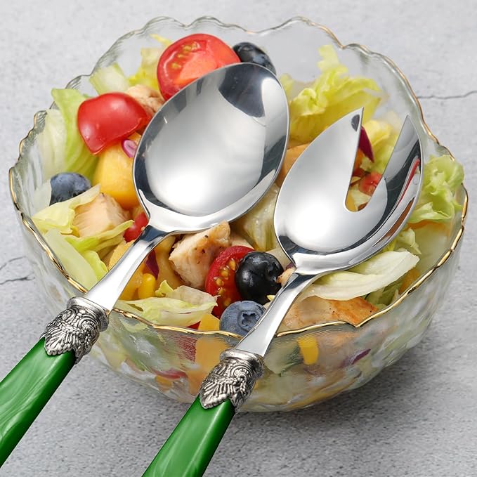 CATHYLIN 2-piece Salad Servers Stainless Steel Salad Serving Set Salad Fork and Spoon (Deep Green)