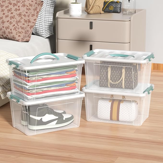 Readsky 4 Packs Clear Storage Latch Box Plastic, 14 Quart Plastic Storage Bin with Lid and Handle